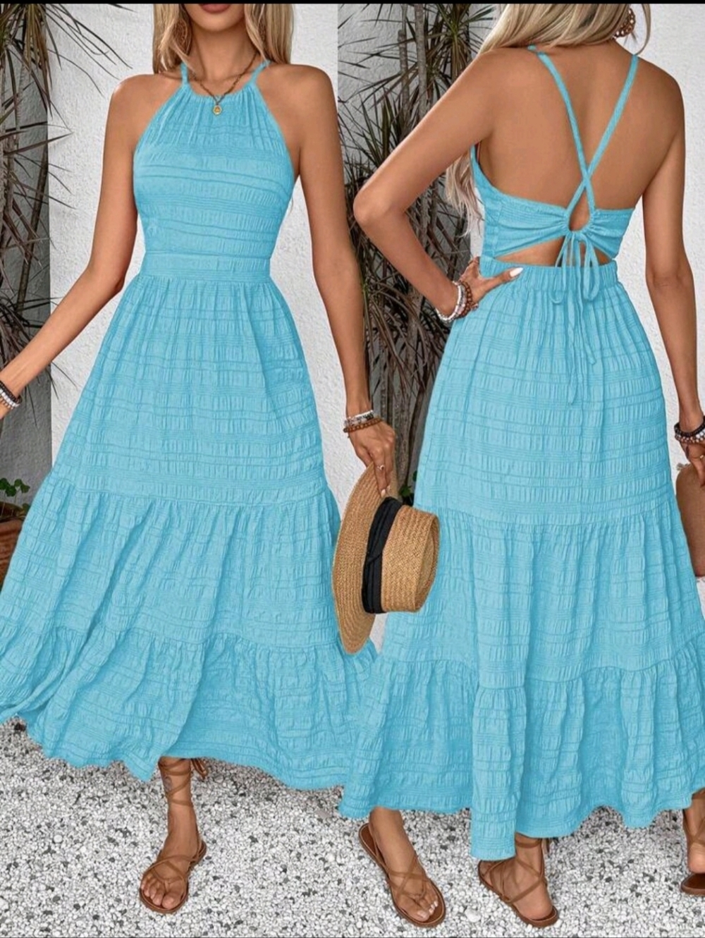 Halter Tiered Maxi Dress in Light Blue From SHEIN